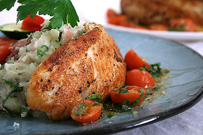 seared tilapia roasted garlic herb smashed potatoes