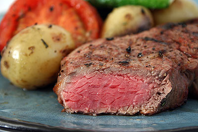 Innards of medium-rare grilled ribeye