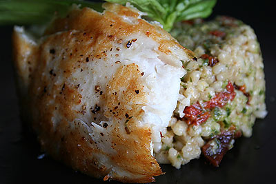 Seared mystery fish and barley salad