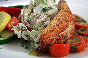 Seared Tilapia with Roasted Garlic Herb Smashed Potatoes and Sauteed Veggies