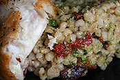 Pesto, sun-dried tomato, and olive barley salad