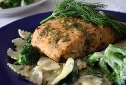 Lemon Dill Baked Salmon with Sauteed Vegetables and Farfalle in a Dill Mornay Sauce