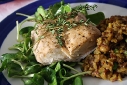 Baked Mahi-Mahi with Sunflower Sprouts and Curried Old World Pilaf
